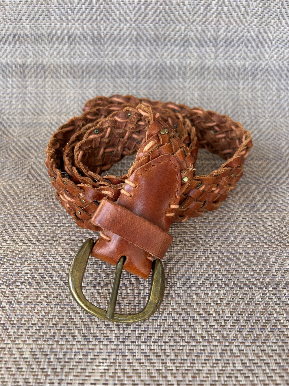 Another Line Braided VintageLeather Men’s Belt Chestnut Brown w/bronze studs XL
